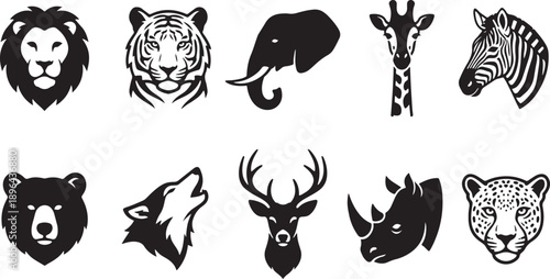 Set of 9 wild animals lion tiger elephant giraffe zebra bear wolf deer rhino leopard flat design vector illustration
