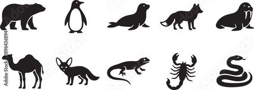 Set of 10 wild and domestic animals black silhouettes vector illustration flat design isolated on white background