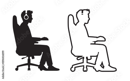 Minimalist black and white silhouette of office worker with headphones vs relaxed posture