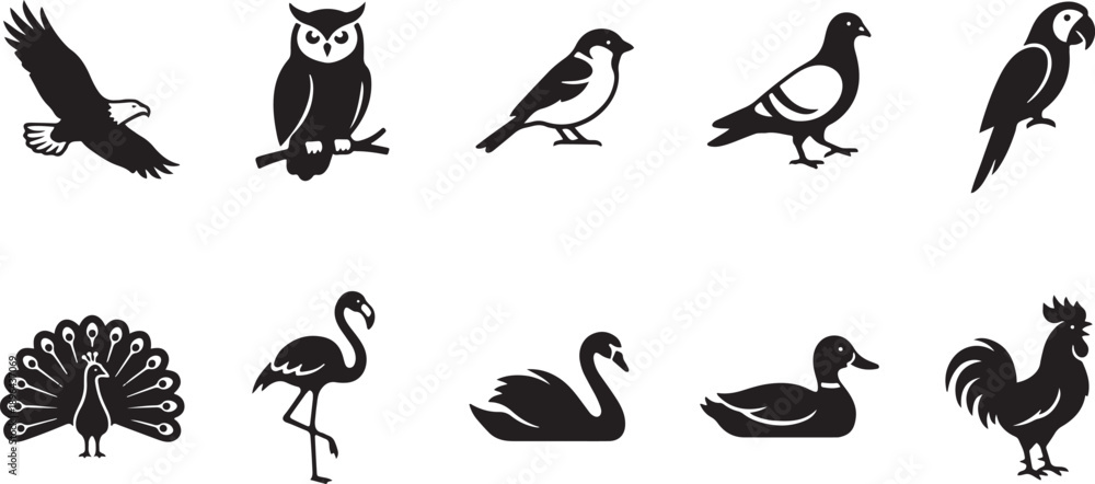 Fototapeta premium Set of 9 black and white bird silhouettes vector illustration flat design isolated on white background