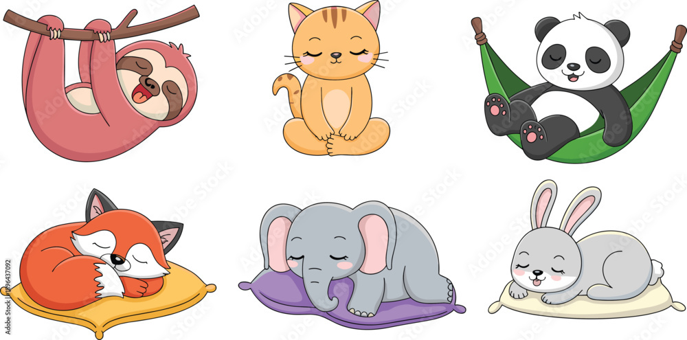 Obraz premium Sleeping animal illustration, cartoon relaxation set, peaceful pet poses, cute animal nap art, tranquil character design, cozy cushion graphics