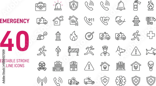 Emergency editable line icons set featuring medical safety rescue fire police and SOS symbols for apps interfaces and public alert systems