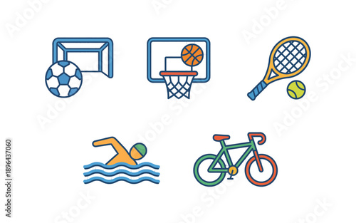 Flat line icons set of five popular sports activities
