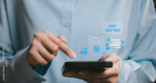 AI chatbot concept. Person using smartphone with virtual assistant interface, customer support automation, conversational AI, digital communication, smart service technology.
