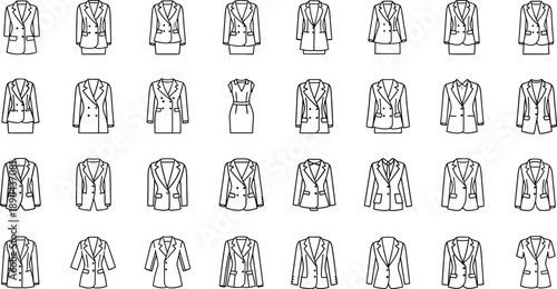 Collection of various business jackets and blazers in line art style