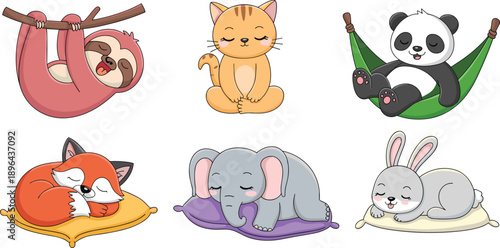 Sleeping animal illustration, cartoon relaxation set, peaceful pet poses, cute animal nap art, tranquil character design, cozy cushion graphics