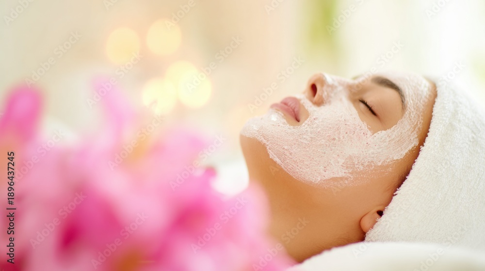 Naklejka premium Woman receiving facial treatment in spa with flowers in background