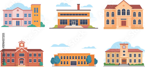 School building illustration, educational architecture set, cartoon campus design, diverse school styles, learning environment graphic, academic structure art, colorful institutions
