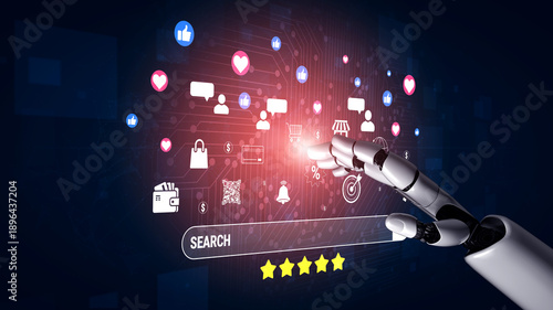 Photos Futuristic Robotic Hand Interacting with Digital Icons and User Interface Elements Representing Technology and Social Media Engagement Quark
