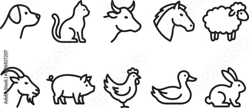 Set of 10 farm animals vector illustration flat design black and white line art scalable graphic