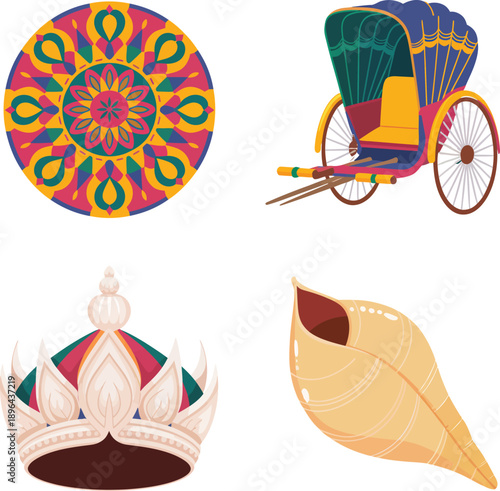 Mandala Rickshaw Crown Conch Shell on White Background