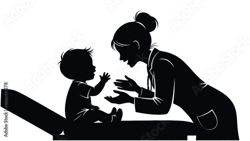 Pediatric Consultation with Mother and Child, Doctor Patient Interaction Silhouette for Family Healthcare and Clinical Guidance