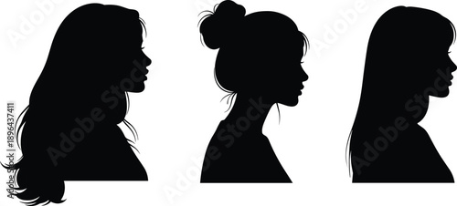Female profile silhouettes illustration featuring diverse women side views in minimal black and white style for identity and beauty concepts