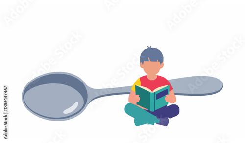 Cartoon vector of child reading book cross-legged beside large spoon for playful learning, education, and imagination illustrations