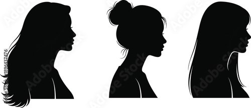 Female profile silhouettes set showing different hairstyles and side views in minimal black and white illustration for beauty identity concepts