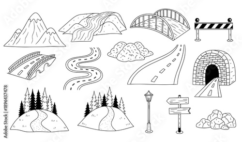 Hand-drawn road and landscape vector illustration set in black and white for maps, travel, and educational designs