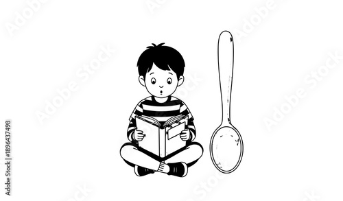Cute cartoon vector of child reading book with giant spoon, creative and playful learning scene for kids