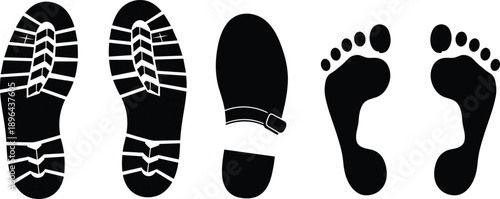 Footprint and shoe sole silhouettes set showing boot tread sandal sole and bare foot prints for tracking walking concepts
