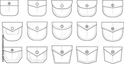 Garment pocket technical drawings set showing various pocket shapes and flap designs for fashion apparel pattern making and clothing manufacturing