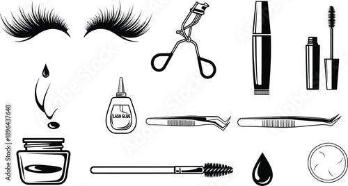 Eyelash extension tools and cosmetics set illustration
