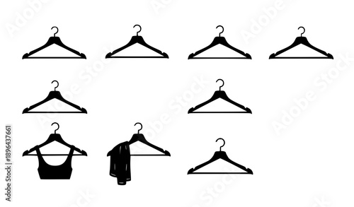 Black and white minimalist hanger icons vector set for clothing, fashion apps, and retail branding