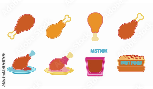 Vibrant neon chicken drumstick vector icons set for food, meal, dinner, restaurant, and culinary digital design