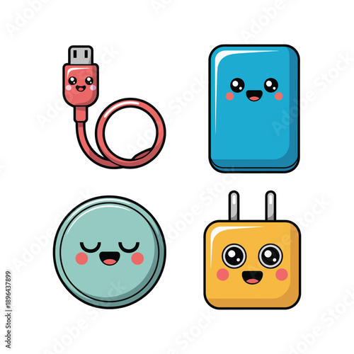 USB Cable Power Bank Button Plug Adapter on White Background