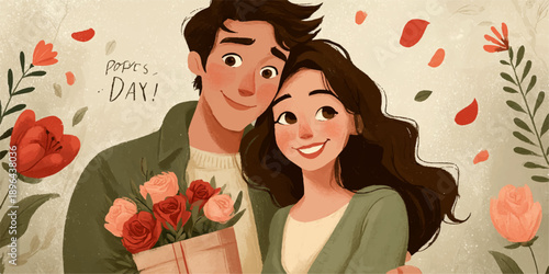 Happy young couple with heart-shaped balloons on color background. Valentine's Day celebration