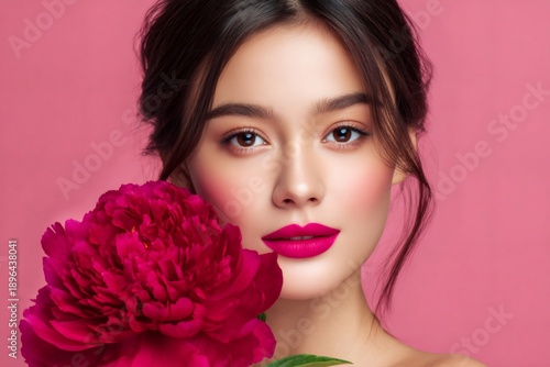 Young woman holding pink peony flower presenting beauty