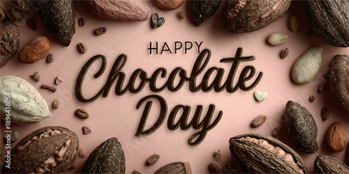 Love Chocolate. Valentines Day Greeting Card. Red white hearts paper cut style and dessert, candy on coral. Origami Happy holidays.