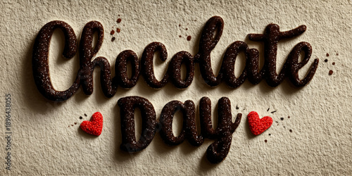 Love Chocolate. Valentines Day Greeting Card. Red white hearts paper cut style and dessert, candy on coral. Origami Happy holidays.