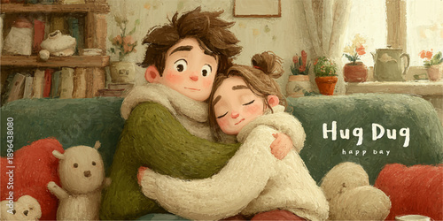 Happy young couple with heart-shaped balloons on color background. Valentine's Day celebration