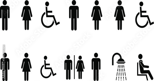 Public restroom and accessibility icons set showing male female wheelchair and facility symbols for universal wayfinding signage and inclusive design