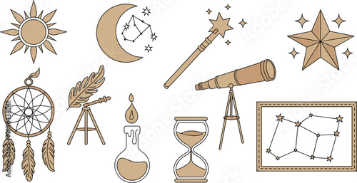 Mystical celestial icon set with sun moon stars telescope magic wand alchemy symbols, boho astrology vector illustration isolated on white background