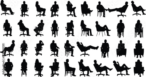 Seated people silhouettes collection showing diverse sitting postures on chairs for office business meeting waiting concepts and workplace illustration set