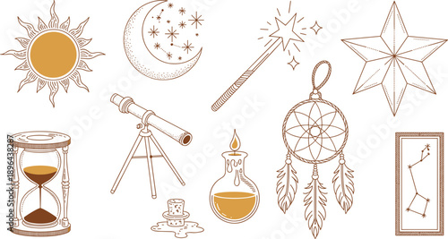 Mystical celestial line icon set with sun moon stars magic wand telescope alchemy symbols, boho astrology illustration isolated white background