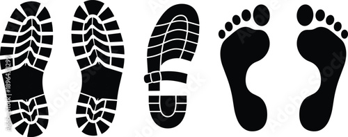 Shoe sole and barefoot footprint silhouettes set illustrating boot tread sandal sole and human foot prints for walking tracking concepts