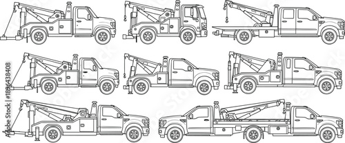 Tow truck lineup illustration showcasing multiple recovery vehicles in detailed line art for roadside assistance and towing industry use