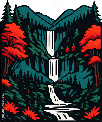 Stylized waterfall in pine forest valley, bold teal and red scenery, outdoor adventure emblem