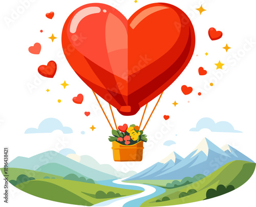 Red heart hot air balloon over mountain valley and river, flower basket, love adventure card