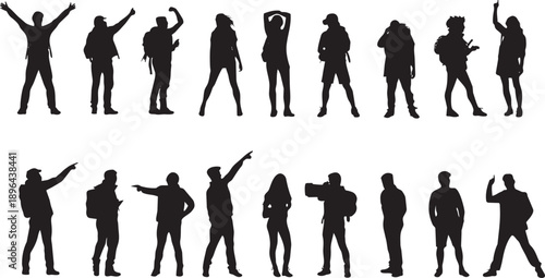 Silhouettes of hikers and backpackers posing in various dynamic stances