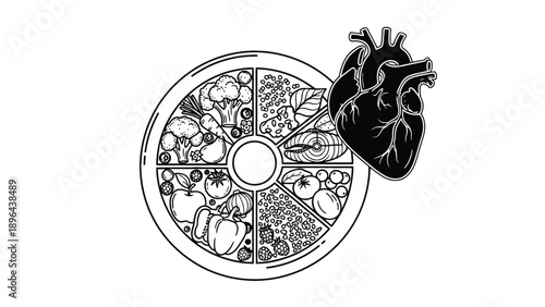 Heart-Healthy Nutrition Wheel With Food Groups Illustrating Dietary Risk Reduction, Preventive Cardiology Guidance And Healthcare Wellness Program Design Vector Illustration