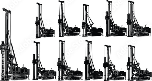 Pile driving rig silhouettes collection illustrating foundation construction machinery used for civil engineering infrastructure and industrial building projects