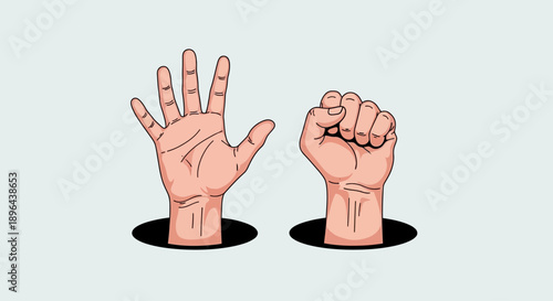 Two hands emerging from holes, one gesturing and the other clenched, in a minimalist illustration style