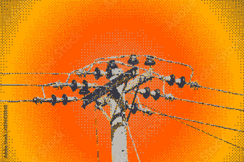 Pixel art power pole with electric wires against bright orange sky