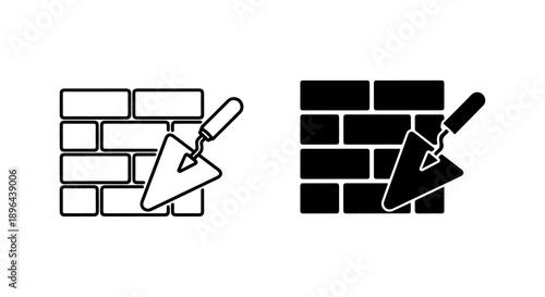Vector brick wall and trowel icon set for construction, masonry, and building projects. Graphic representing bricklaying and architectural work