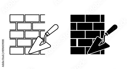 Professional vector icons illustrating bricklaying and masonry construction, featuring a brick wall and trowel, ideal for building industry projects