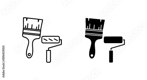 Versatile Painting Tools Graphic Set Outline and Solid Paint Brush with Roller Icons for Home Improvement and DIY Projects