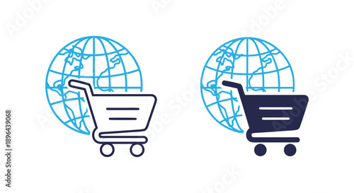 Global e-commerce and online shopping concept featuring a cart and world map, symbolizing international retail, worldwide digital commerce, and business transactions