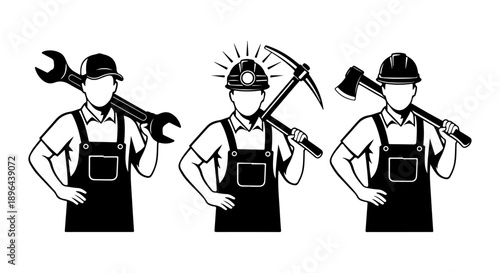 Three stylized vector illustrations mechanic with wrench, miner with pickaxe, logger with axe. Depicting essential blue-collar industrial workers